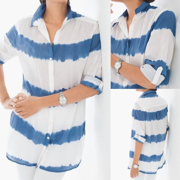 Chicos Sz 0 (SMALL) Blue White Tie Dye Stripe Button Front Shirt Tunic EUC - Picture 2 of 13